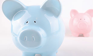 blue piggy bank is ahead of a pink piggy bank