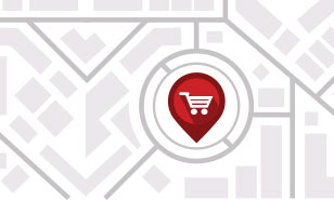 map with a red pin marking a store or shopping area
