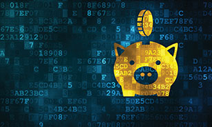 gold coin dropping into a digital piggy bank on a blue digital backdrop