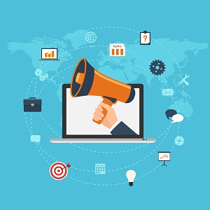 Hand holding a megaphone emerging from a laptop screen surrounded by icons depicting PR concepts