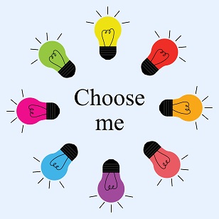 Color light bulbs in a circle around the words choose me.
