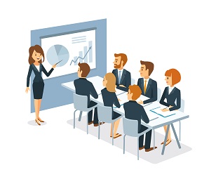 illustration of female CEO presenting dashboard metrics to board of directors
