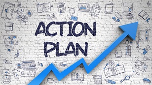 Action Plan Inscription on the Line Style Illustration. with Blue Arrow and Doodle Design Icons Around. Action Plan
