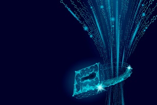 Cyber safety padlock on data mass.