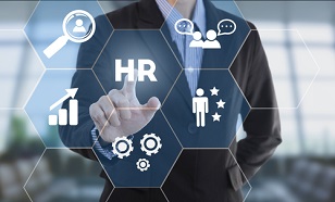 Businessman hand pressing button human resources. sign on virtual screen. business concept. People and culture.