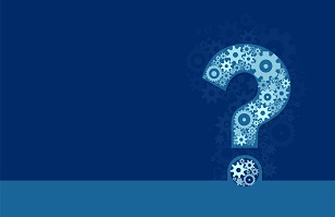 question mark made of gears on blue backdrop