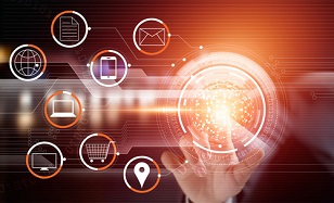 hand reaching up to touch a digital screen featuring icons representing omnichannel delivery