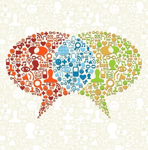 Speech bubbles formed by social media and digital media icons