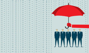 red arm holds a red umbrella over five businessmen
